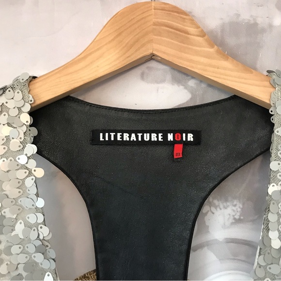 LITERATURE NOIR | Sexy Silver Sequin Mini Dress Black Leather Racer Back Size M - Picture 4 of 13